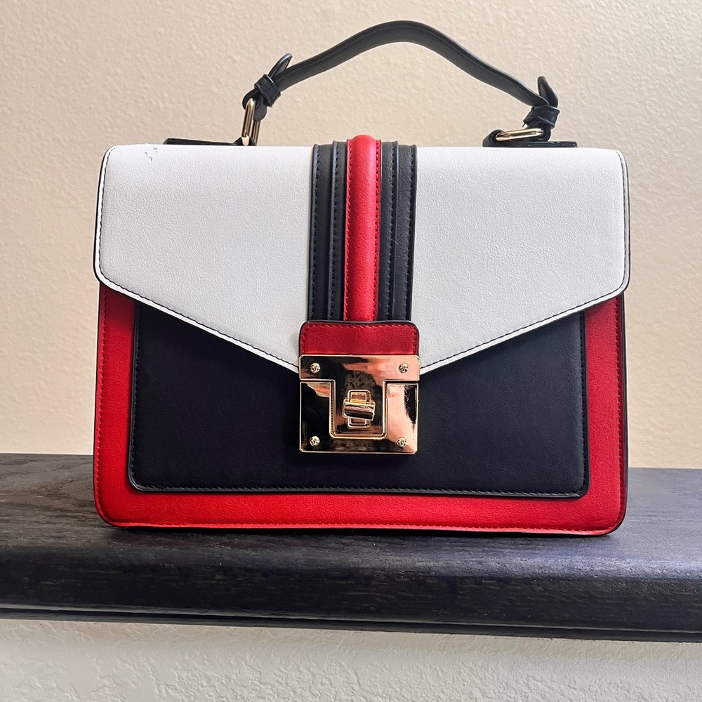 Red white and black handbag